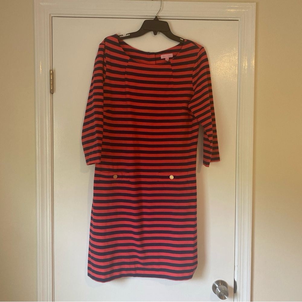 Lilly Pullitzer blue and red stripe 3/4 length sleeve French terry dress size L